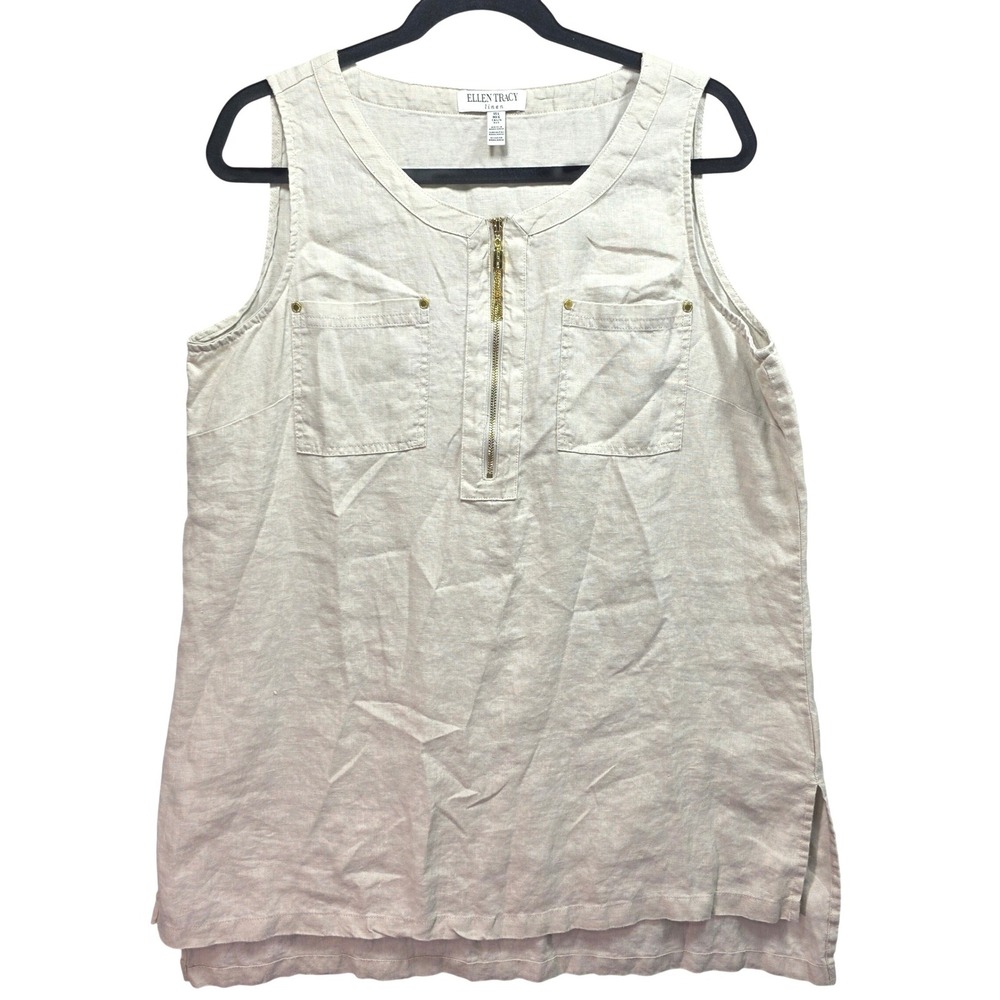 Ellen Tracy All Linen Sleeveless Top Shirt Beige Gold Zip Tunic Shell‎ Womens L